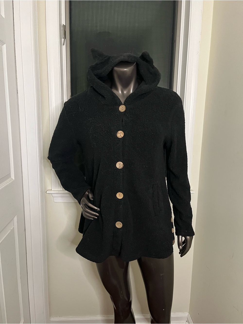 Cat Ear Hooded Black Button-Front Jacket